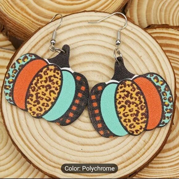 Pumpkin earrings thanksgiving leopard teardrop faux leather new e62 - Picture 2 of 3